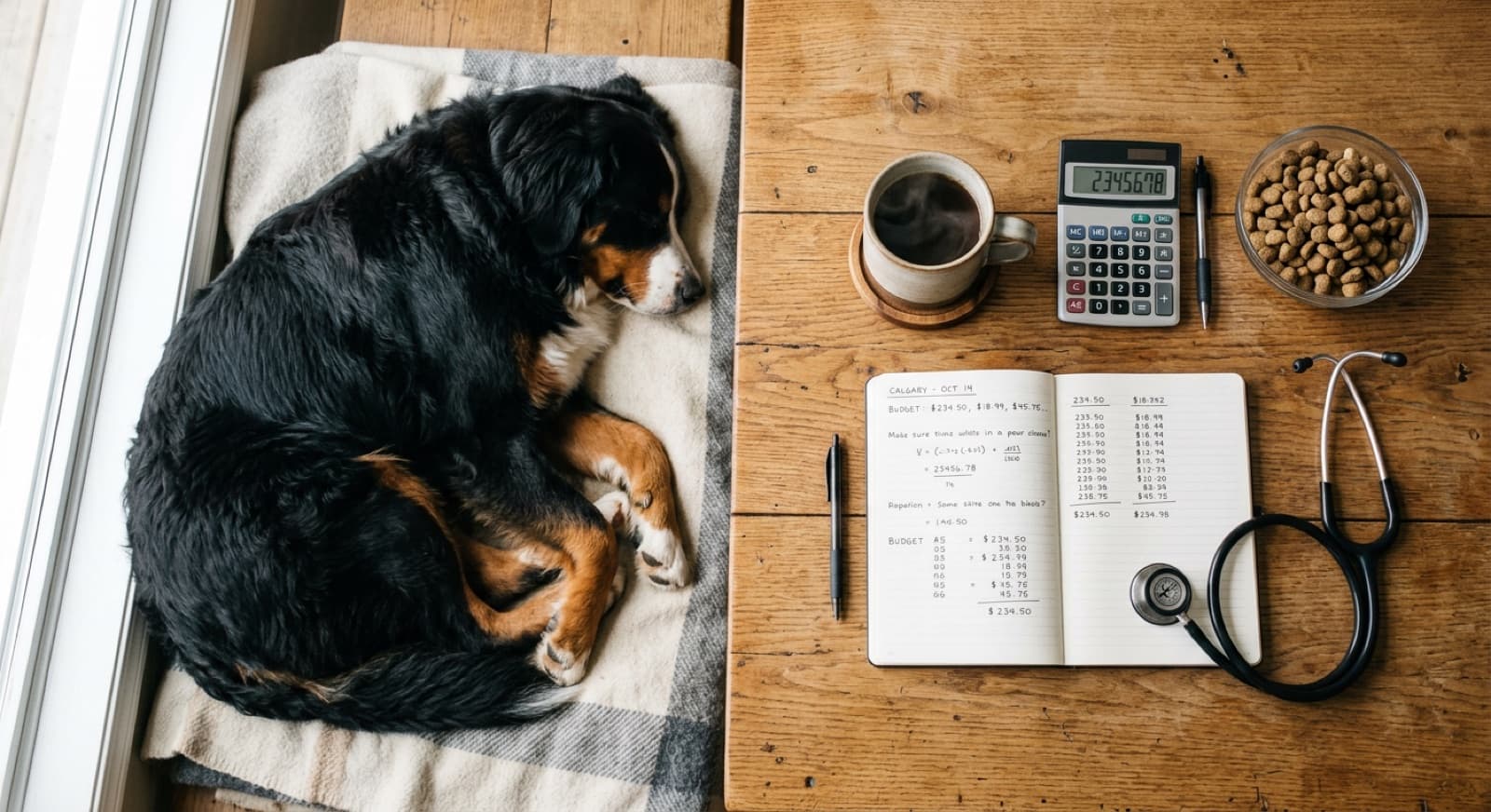 A Bernese Mountain Dog sitting beside a Calgary kitchen table with vet bills, pet insurance paperwork, and a budgeting spreadsheet, representing the honest cost of owning a Berner