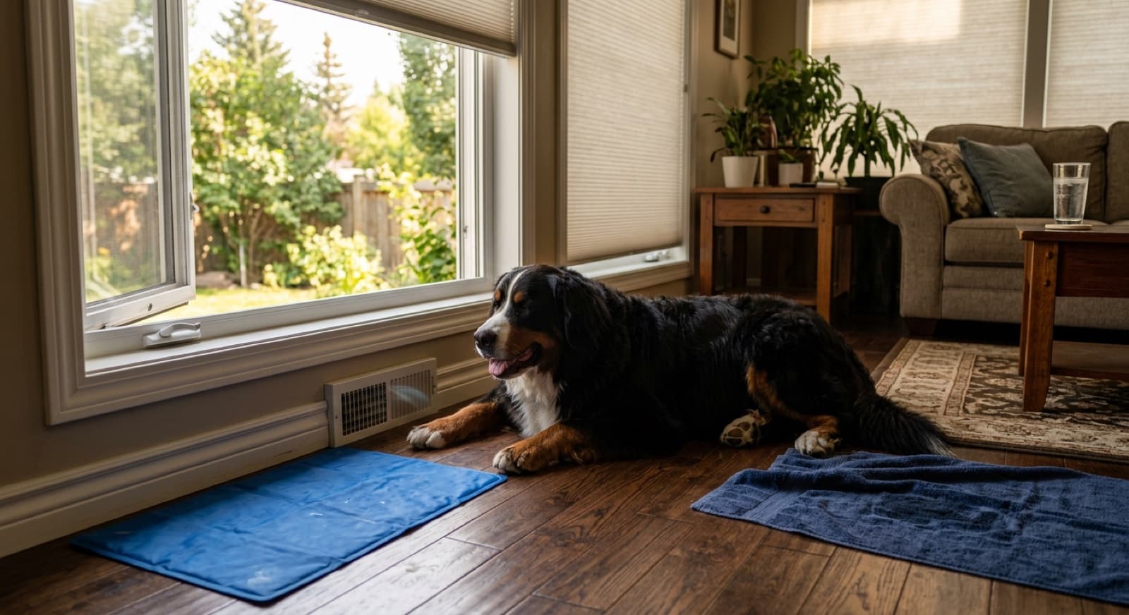 Tri-colour Bernese Mountain Dog resting cool indoors on a Calgary summer afternoon next to an open window