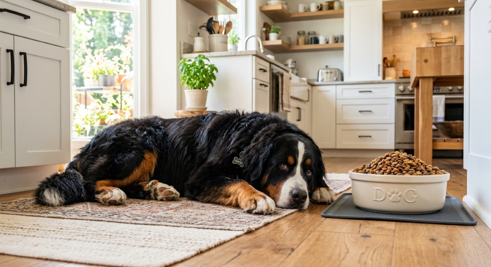 Bernese Mountain Dog lying beside a large bowl of kibble in a bright home kitchen
