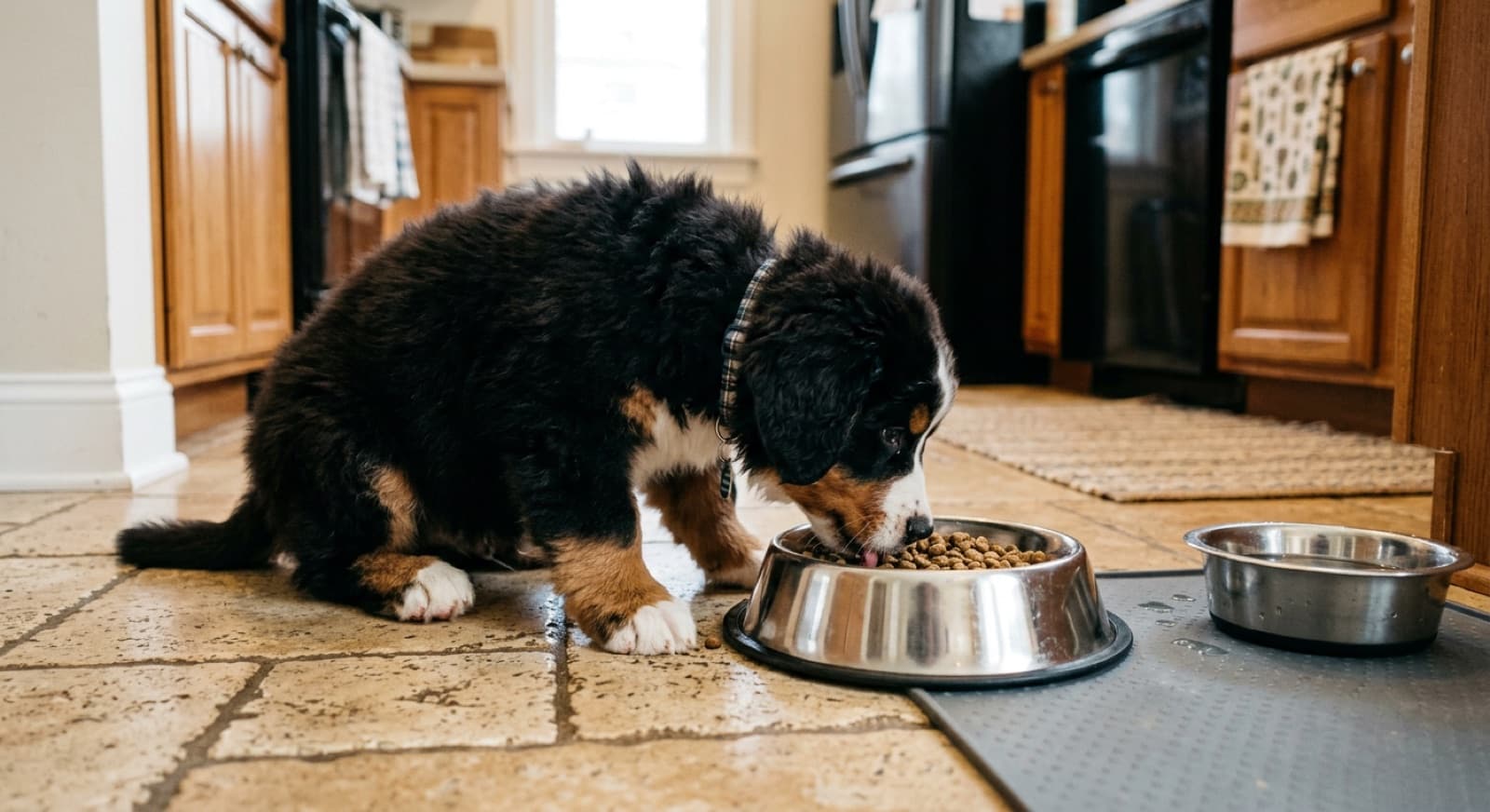 Bernese Mountain Dog puppy eating from a stainless bowl on a home kitchen floor