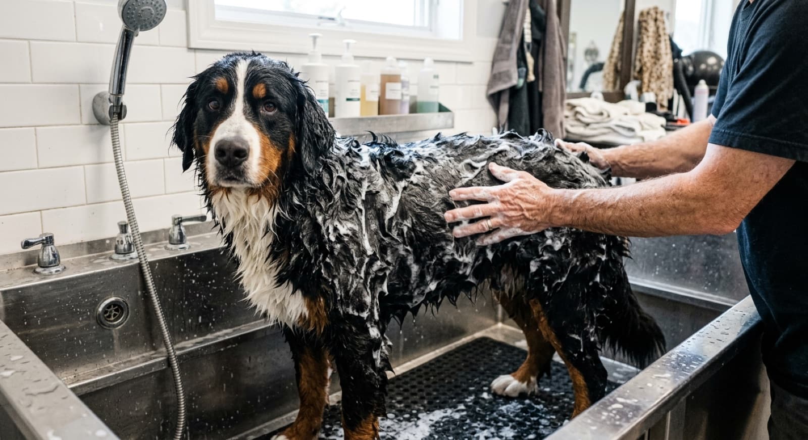 Tri-colour Bernese Mountain Dog standing patiently in a grooming bath being washed