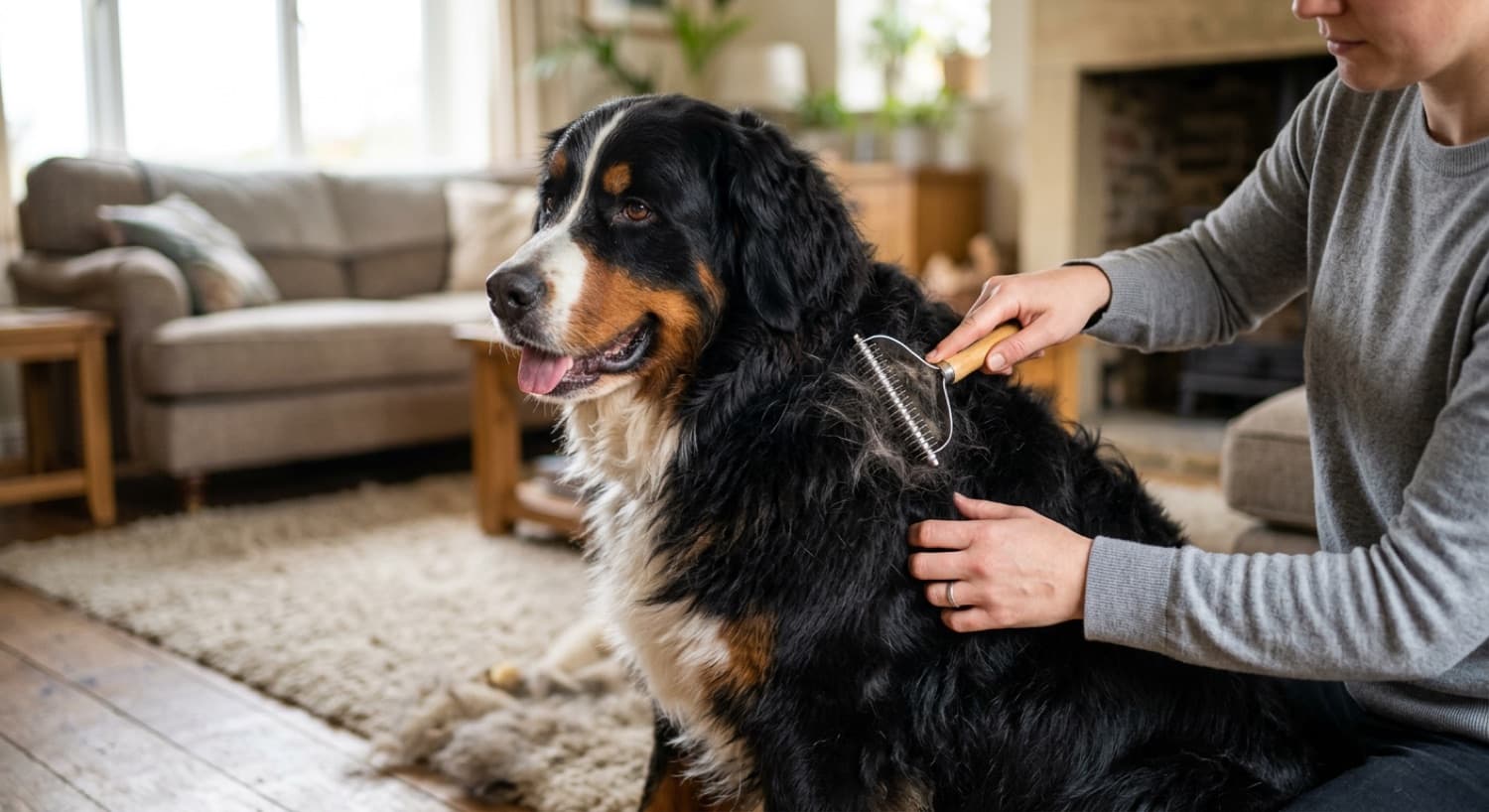 A Bernese Mountain Dog being brushed, its heavy coat in good condition