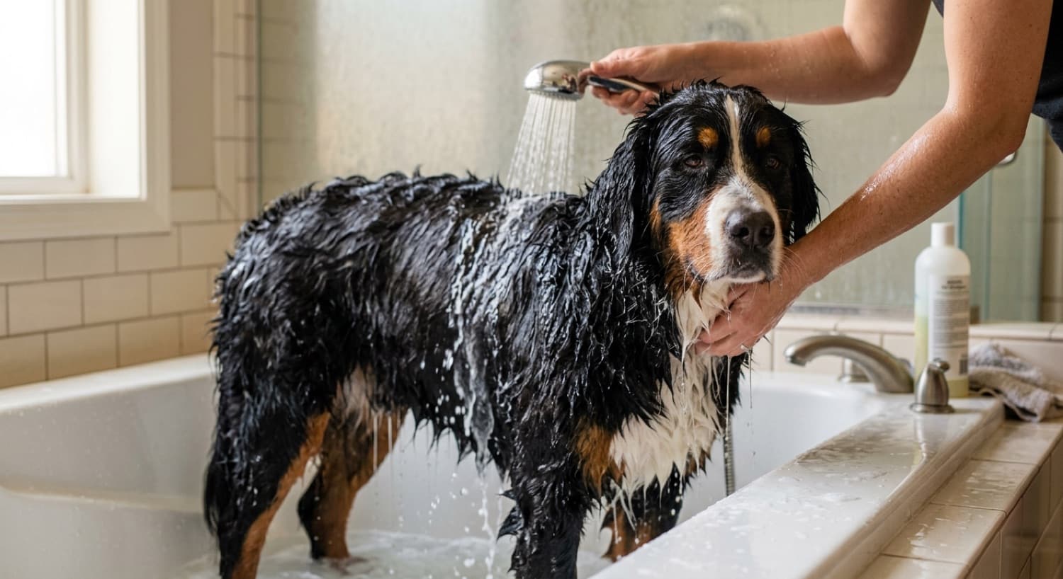 A tricolour Bernese Mountain Dog standing patiently in a grooming bath being washed