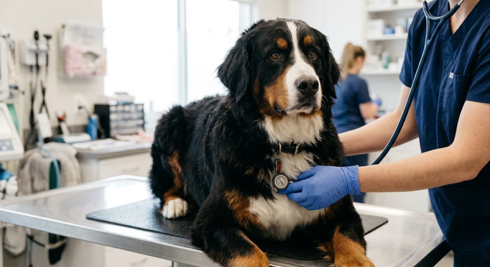 Bernese Mountain Dog at a Calgary veterinary clinic for a health screening