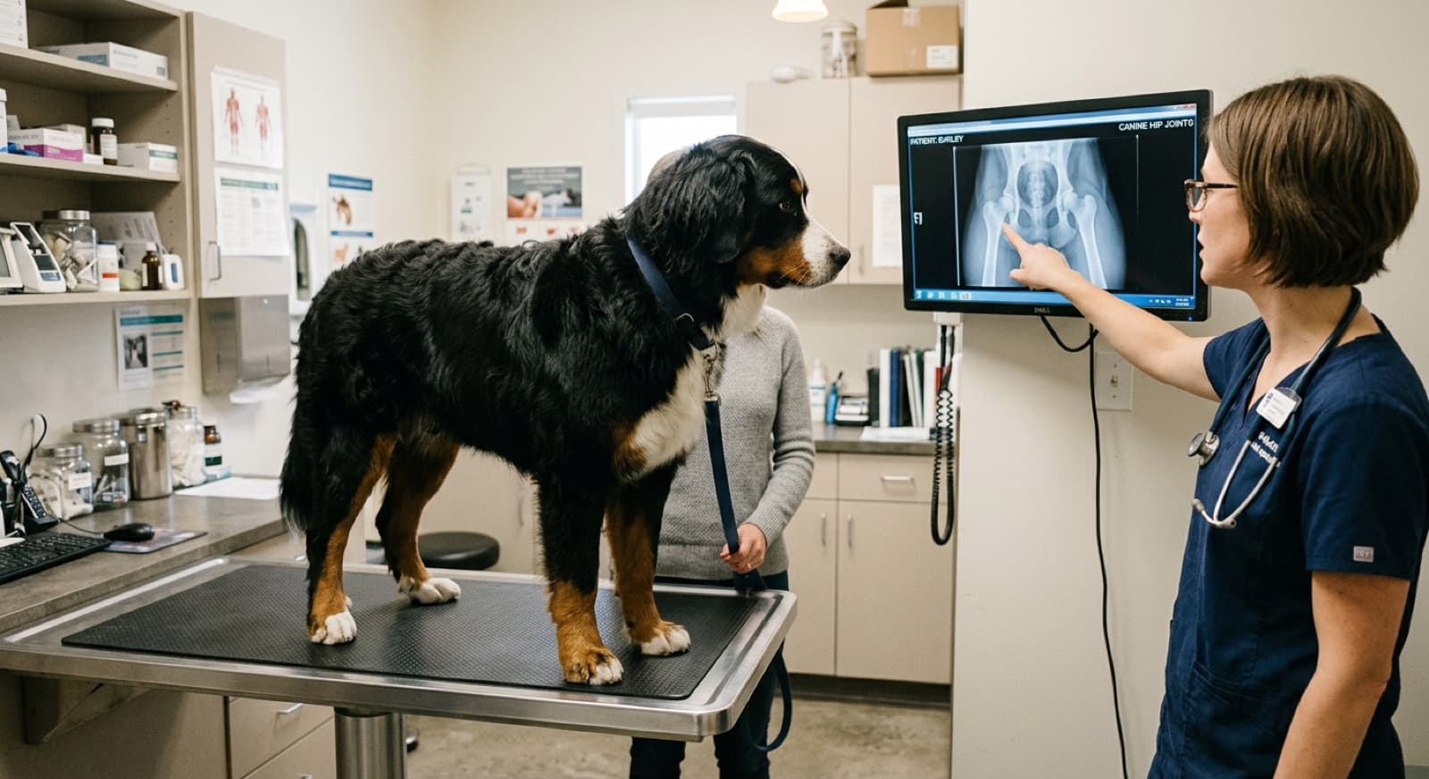 Calgary veterinarian reviews x-ray of a Bernese Mountain Dog hip joints