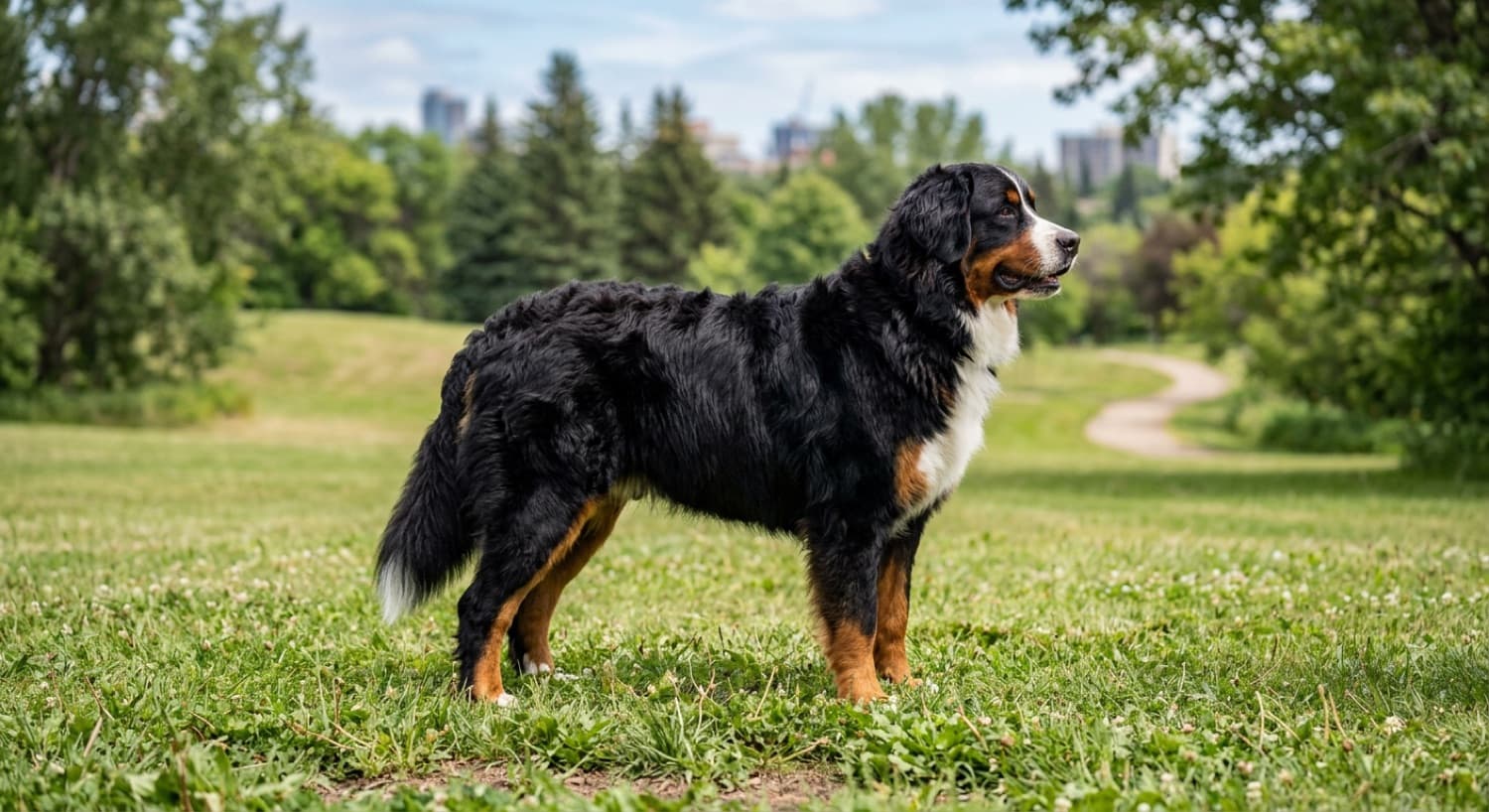 A healthy adult Bernese Mountain Dog on a green Toronto trail