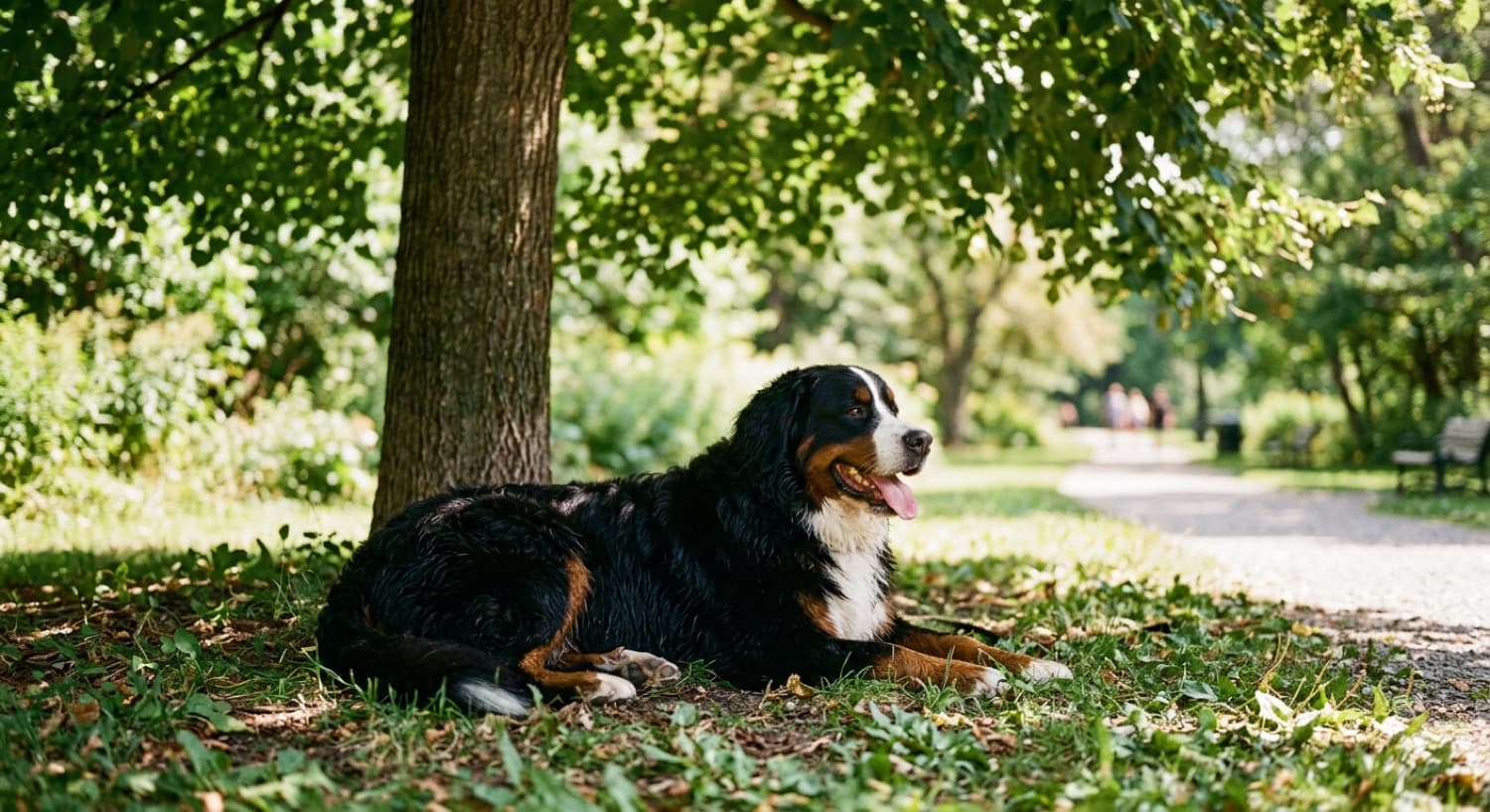 A Bernese Mountain Dog resting in the shade on a warm Toronto summer day