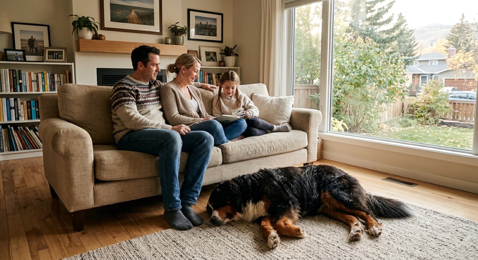 Calgary family lounges with their tricolour Bernese Mountain Dog in a sunlit living room
