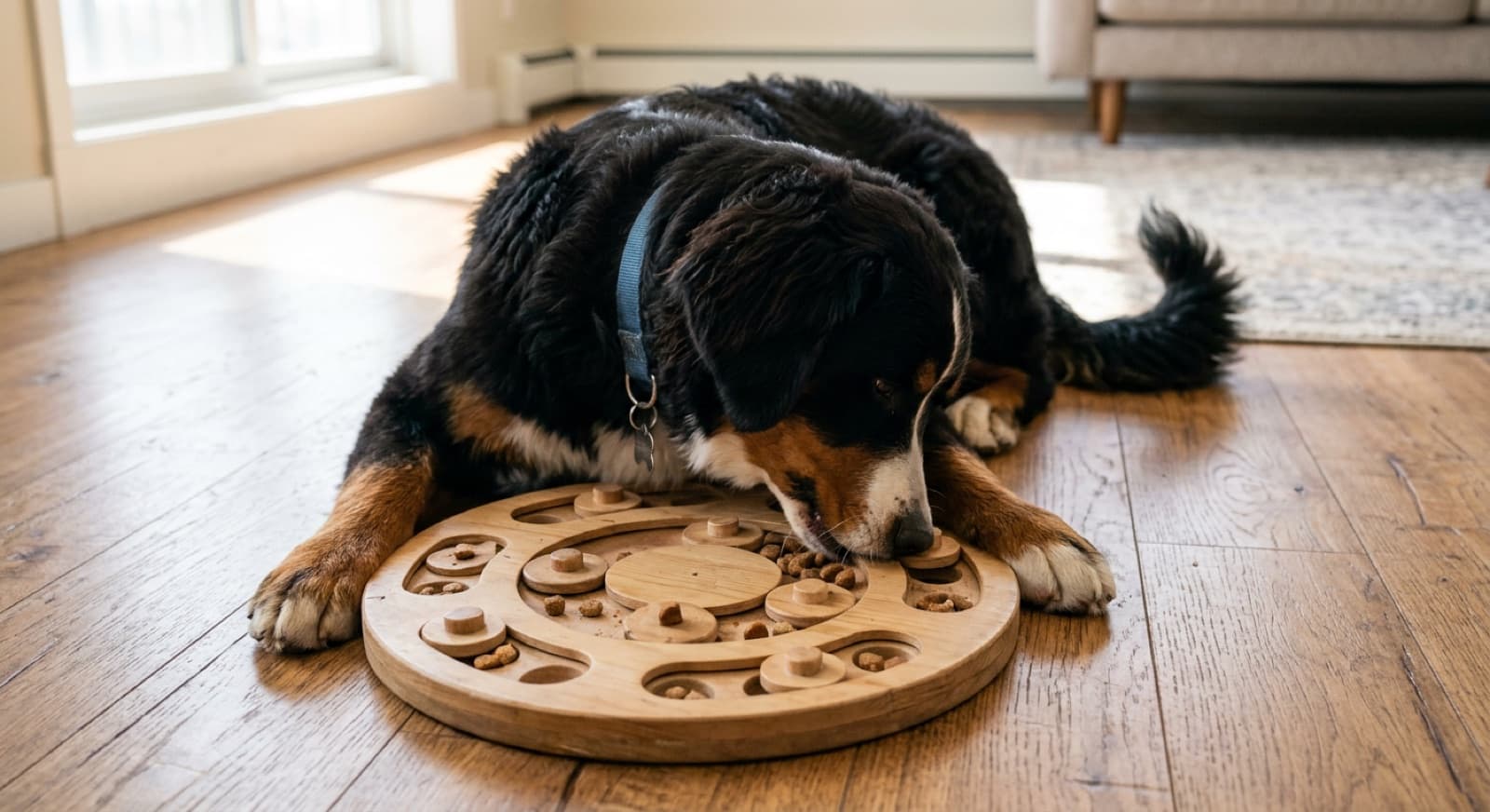 Young tri-color Bernese Mountain Dog works a wooden slide-puzzle enrichment toy on a hardwood floor