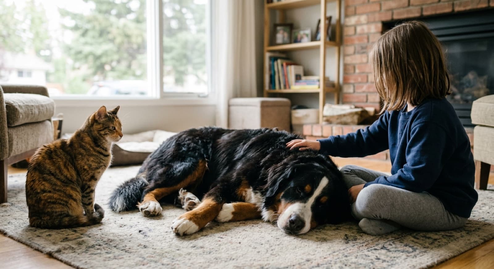 A Bernese Mountain Dog resting calmly next to a child and a cat in a Calgary home, showing the breed's gentle giant temperament with the whole family