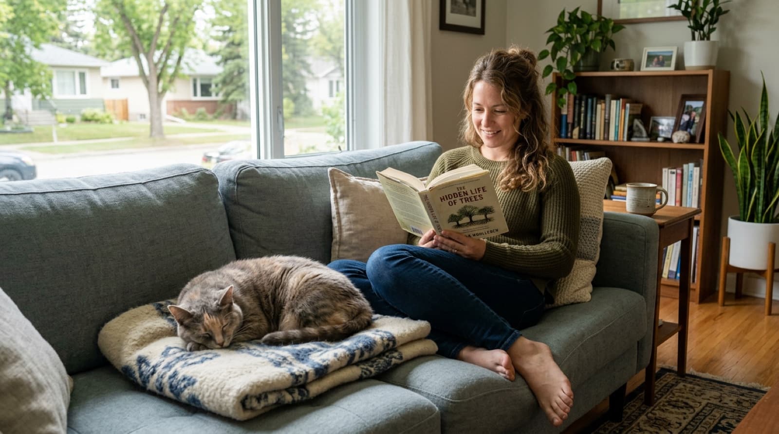 An Edmonton foster volunteer sitting on a couch with a senior cat curled up beside her, illustrating the foster-based rescue model