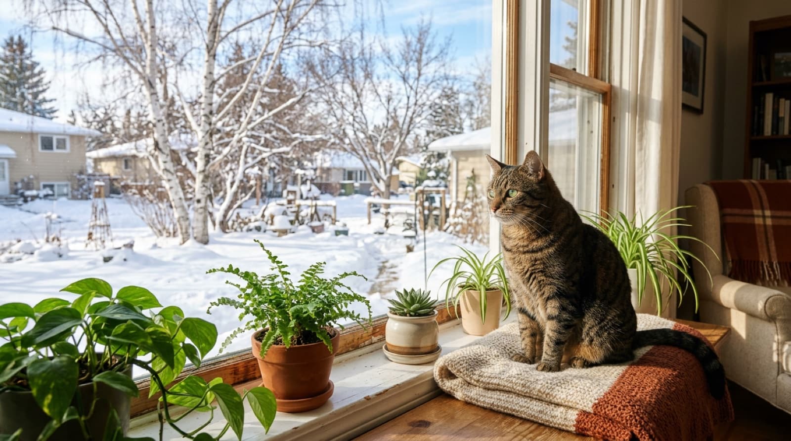A calm tabby cat sitting on a bright windowsill in an Edmonton home, looking out at a snowy yard, illustrating a quiet indoor adoption setting