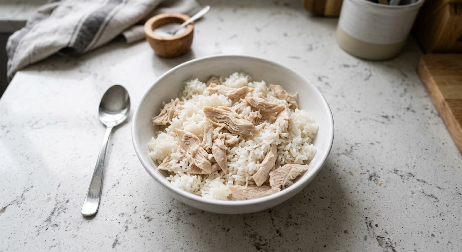 A bowl of plain boiled shredded chicken and white rice, the classic bland diet for a dog with an upset stomach, on a kitchen counter