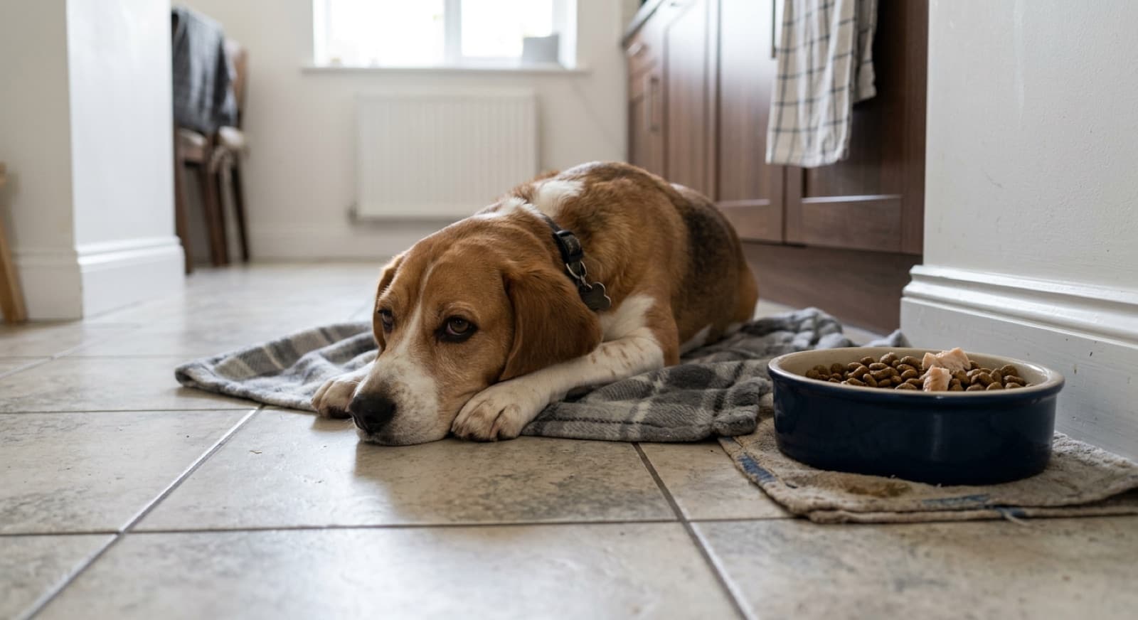 A dog lying down resting its head, looking slightly unwell, beside a food bowl on a kitchen floor