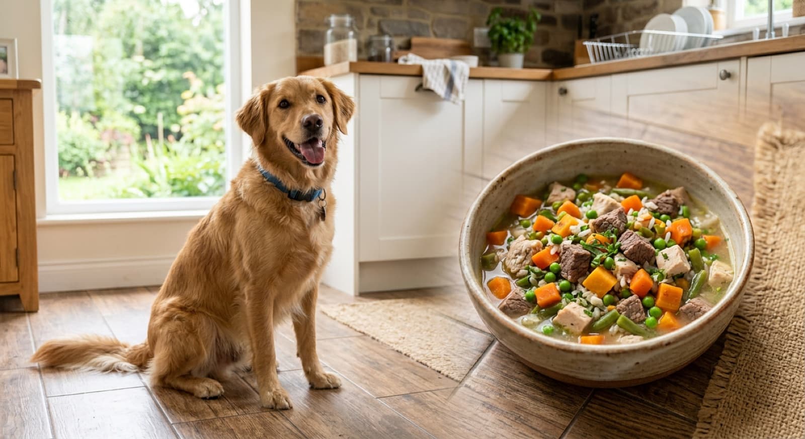 A bowl of gently-cooked fresh dog food with visible vegetables and meat next to a happy dog waiting to eat, on a kitchen floor