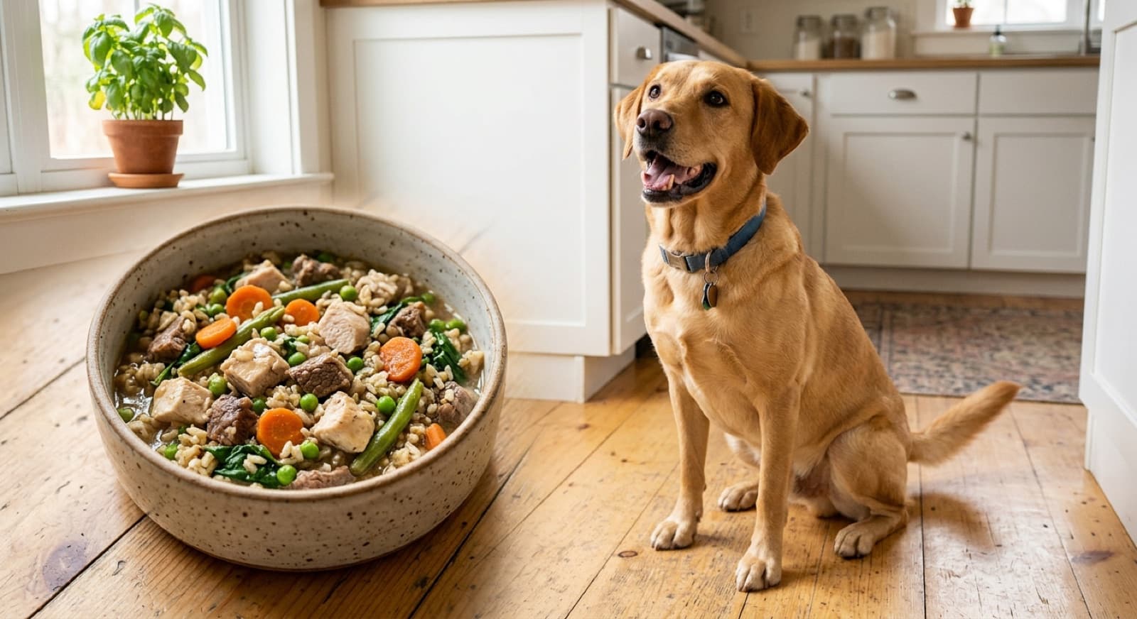 A served bowl of fresh-cooked dog food with visible vegetables and chunks of meat, portioned for a single meal