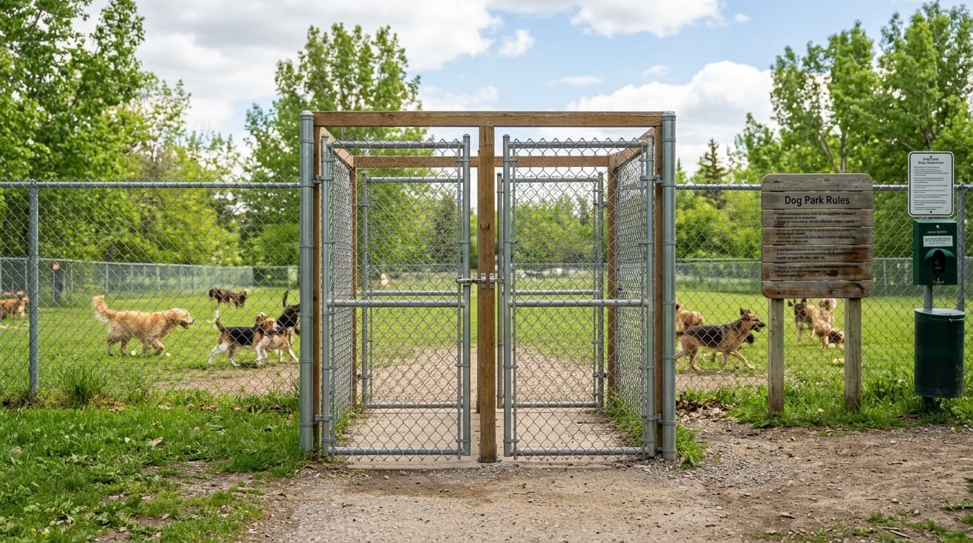 Fully fenced Calgary off-leash dog park with double-gated airlock entry — the design that makes parks like Sue Higgins and Connaught the best off-leash dog parks Calgary first-time and reactive-dog owners recommend