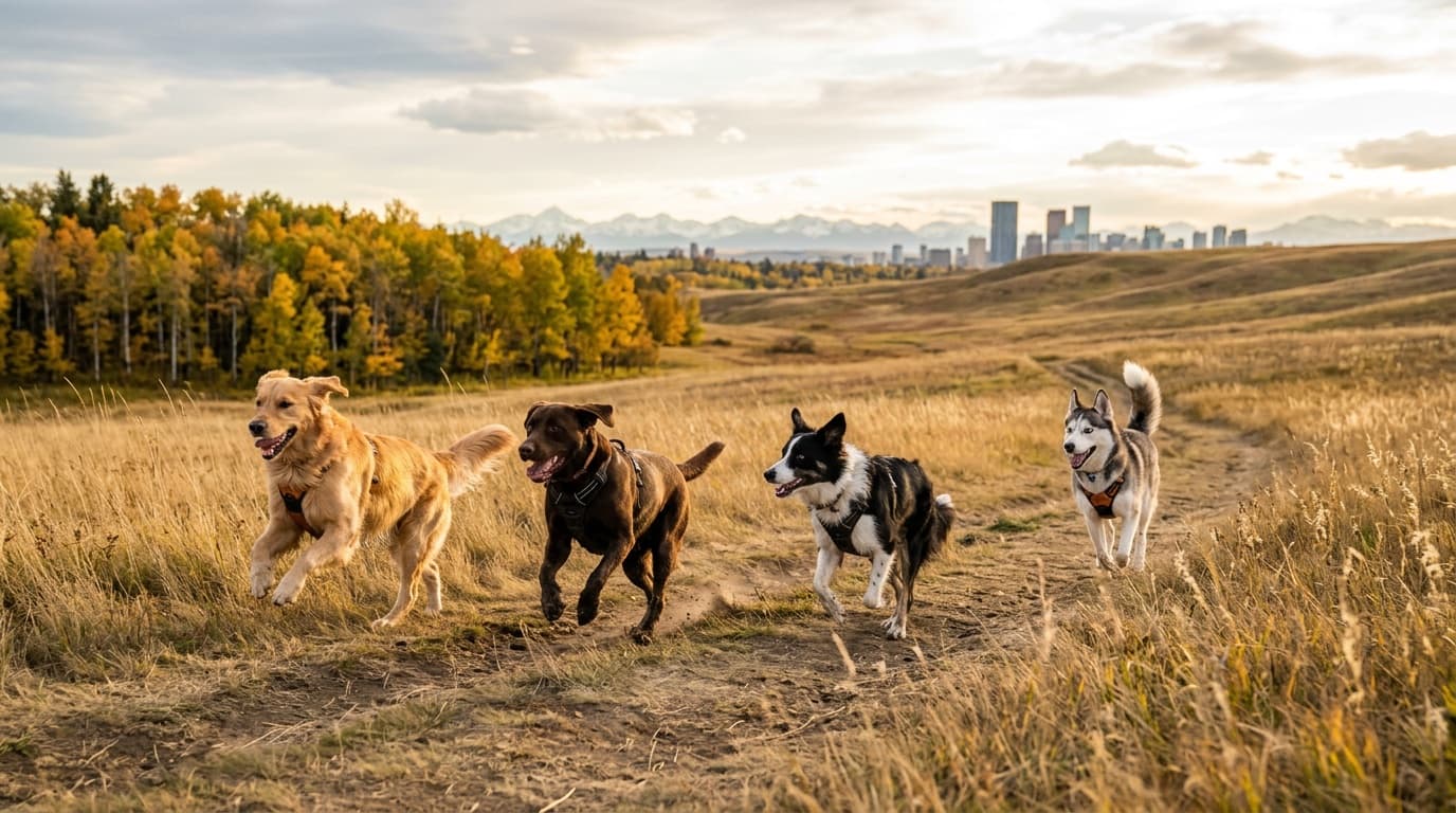 Dogs running off-leash in a Calgary park — illustrating the best off-leash dog parks Calgary has to offer across its 150+ designated areas spanning 1,145 hectares