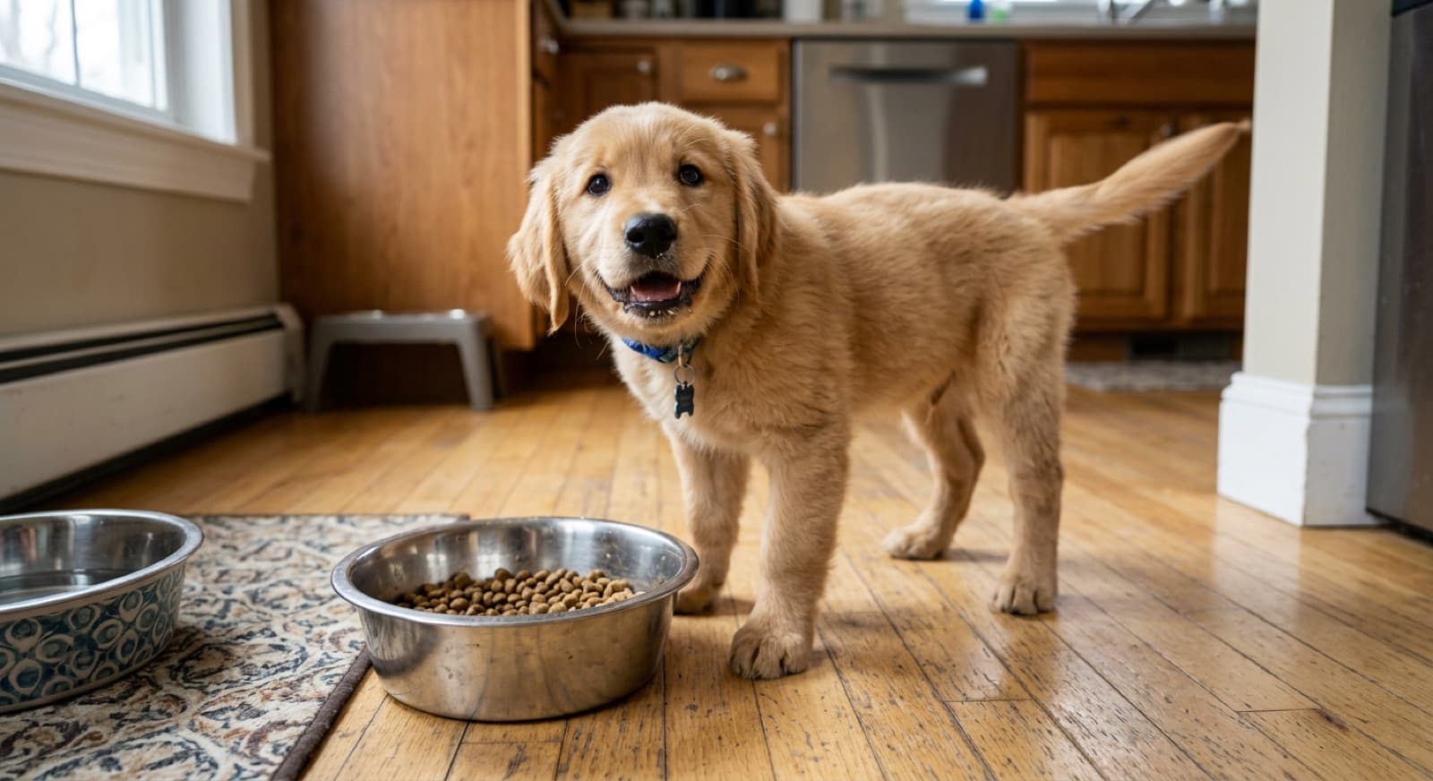 A healthy puppy eating from a stainless steel bowl on a kitchen floor, looking up happily