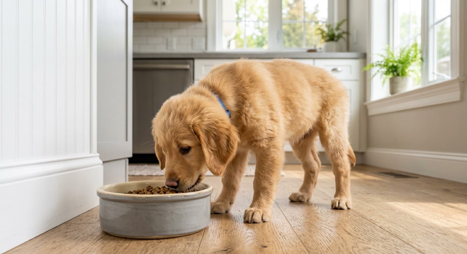 A large-breed puppy, such as a young Labrador or Golden Retriever, eating from a bowl, illustrating controlled-growth feeding