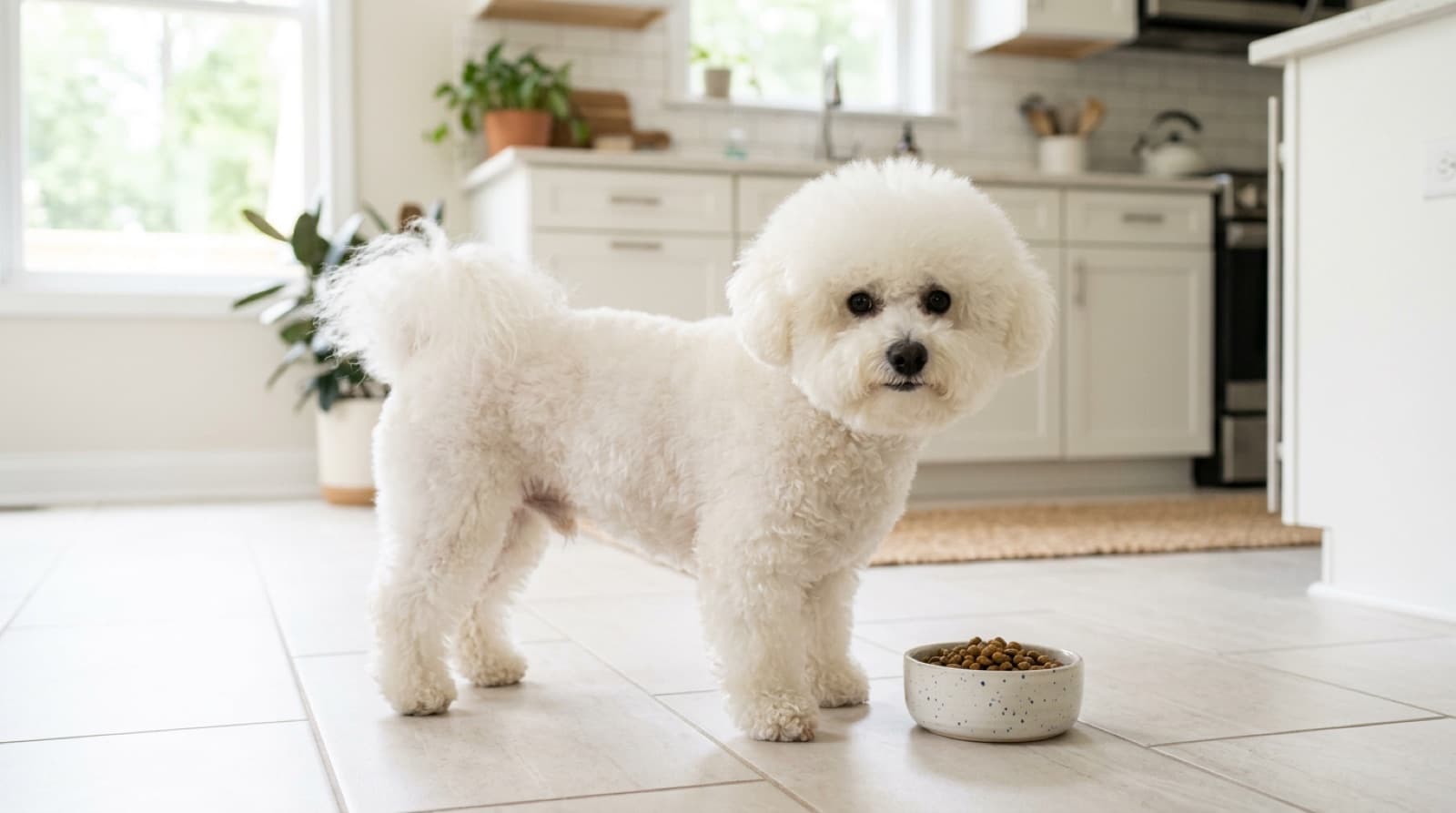 Bichon Frise standing beside a small bowl of food in a bright home kitchen