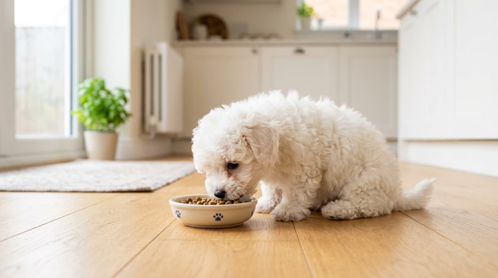 Bichon Frise puppy eating from a small bowl on a home kitchen floor