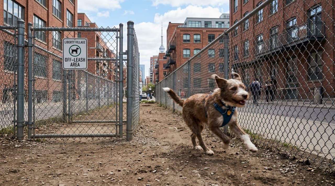 A dog running in the small fenced off-leash dirt run at Bill Johnston Park in Liberty Village, Toronto