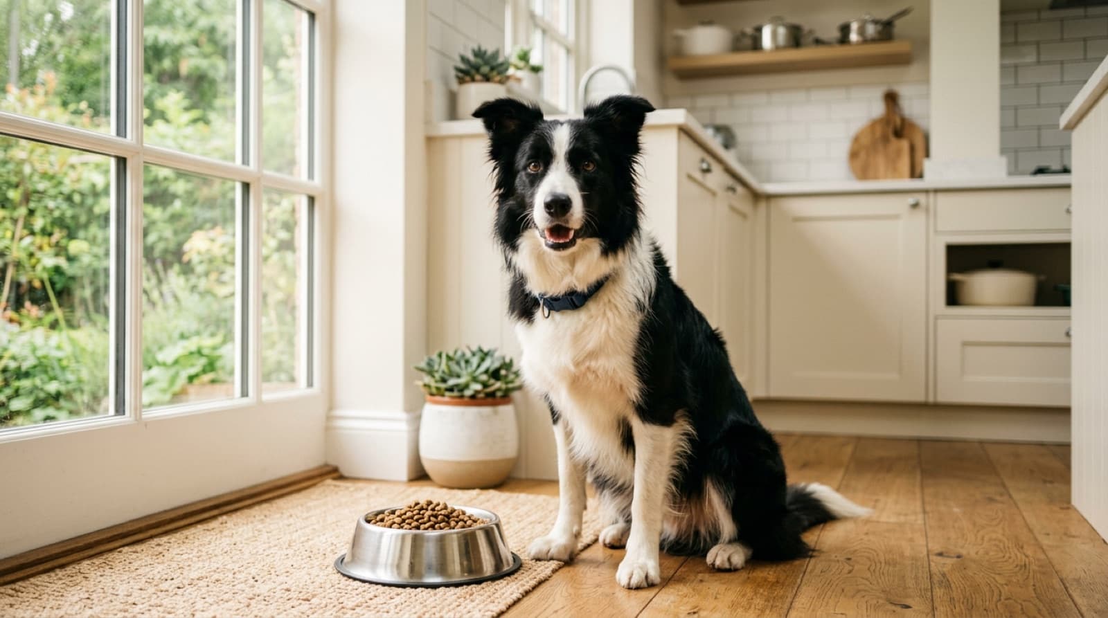 Border Collie sitting beside a bowl of kibble in a bright home kitchen