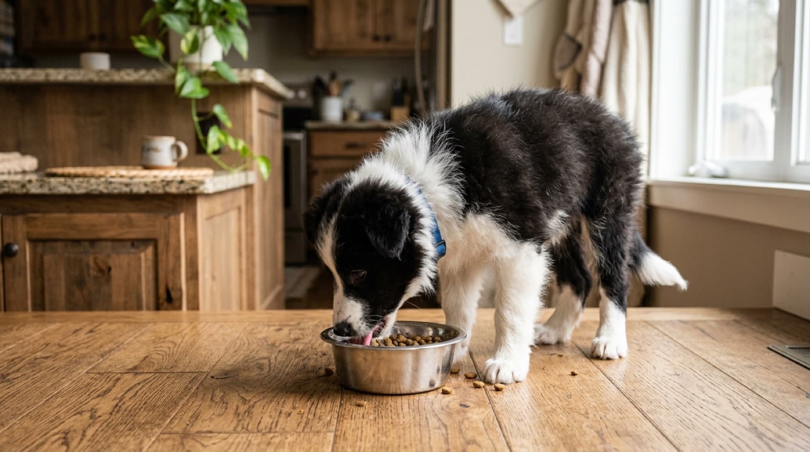 Border Collie puppy eating from a stainless steel bowl on a home kitchen floor