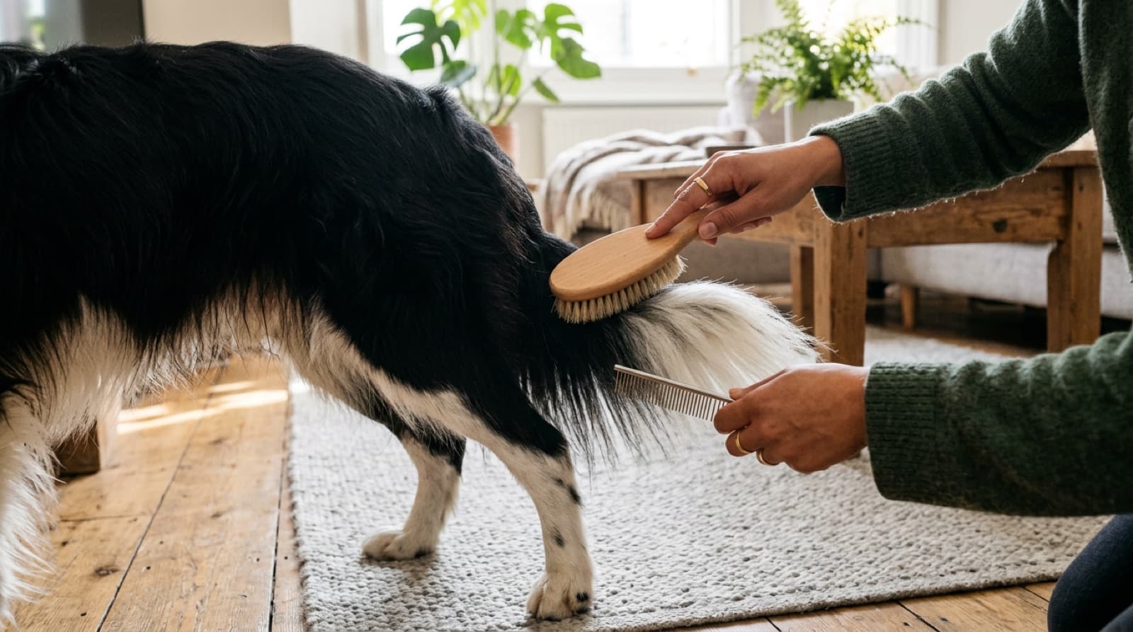 Close-up of a Border Collie's leg and tail feathering being brushed and combed
