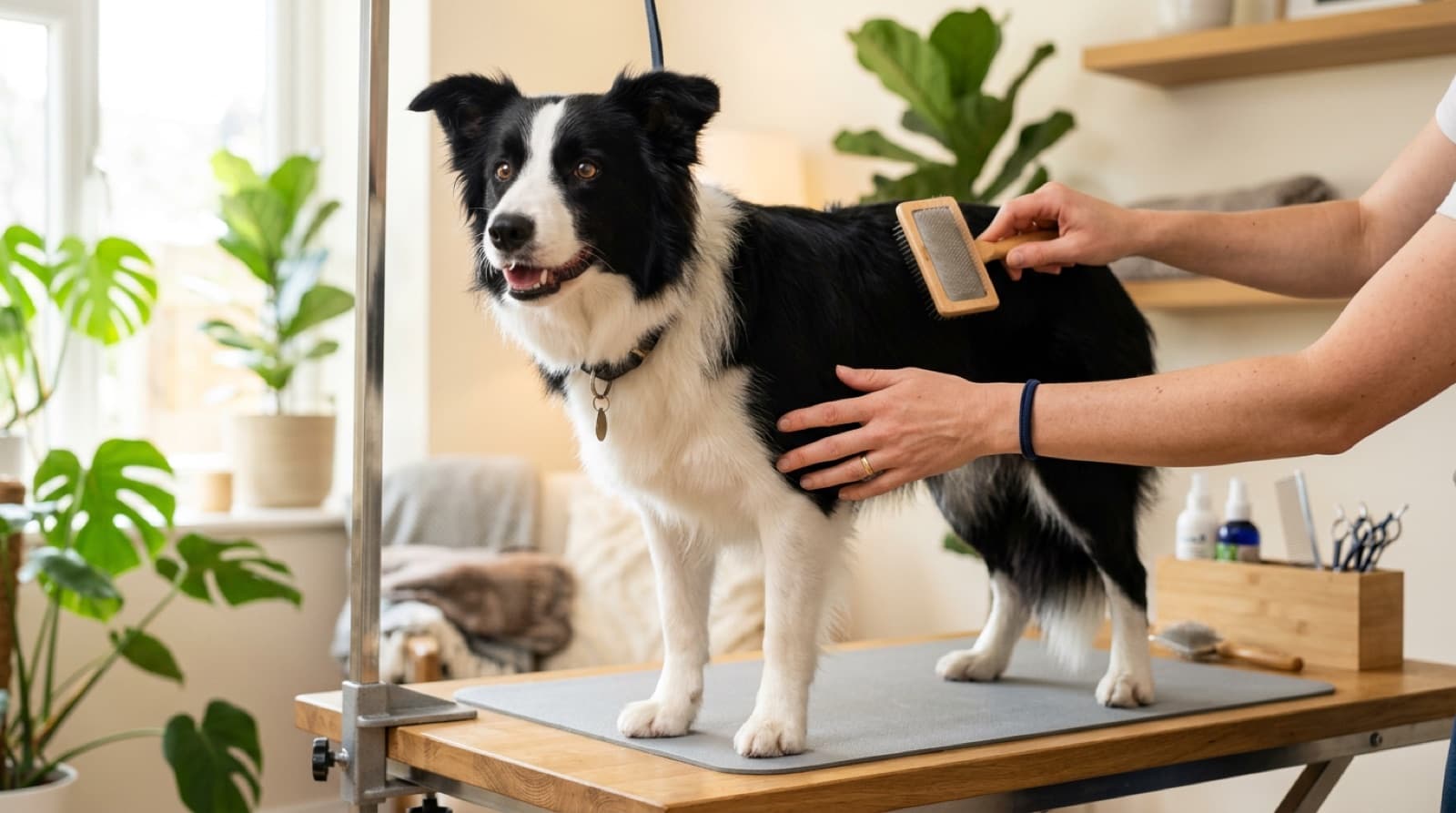 A black and white Border Collie being brushed on a grooming table in a bright home
