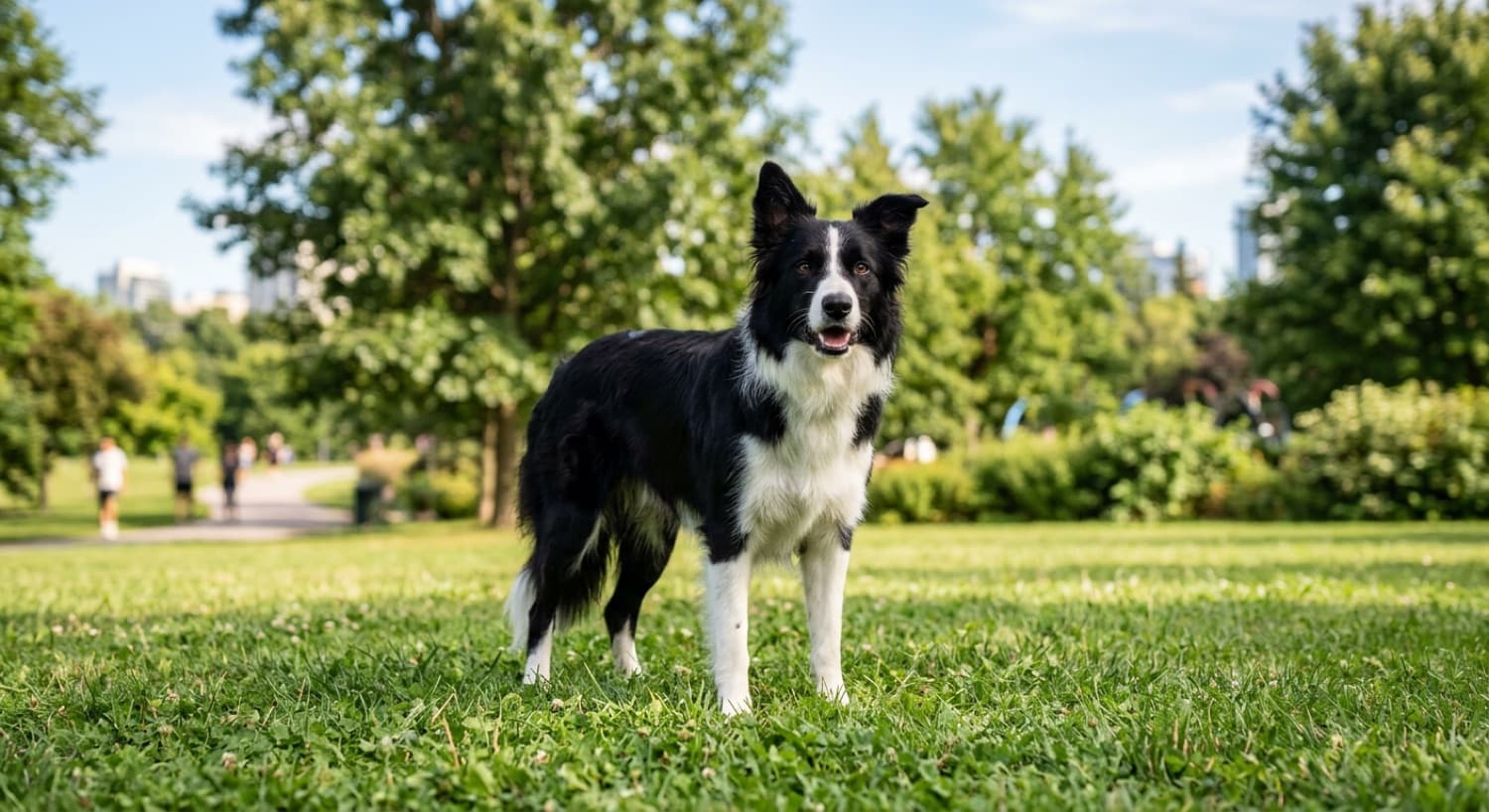 A healthy black and white Border Collie on a green Toronto trail