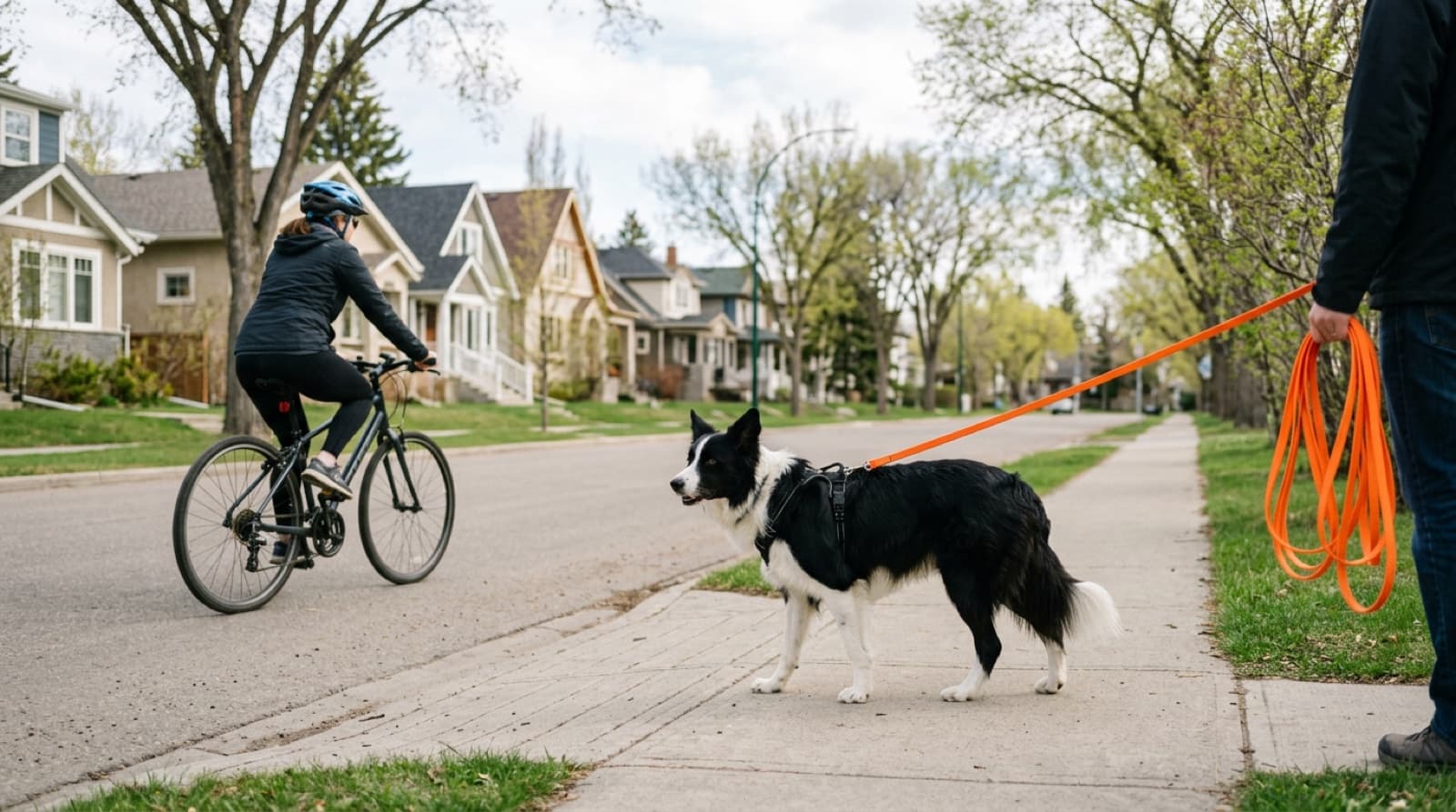 A black-and-white adult Border Collie on a 10 metre biothane long-line walking calmly past a cyclist on an Edmonton residential street, demonstrating sub-threshold reactivity work