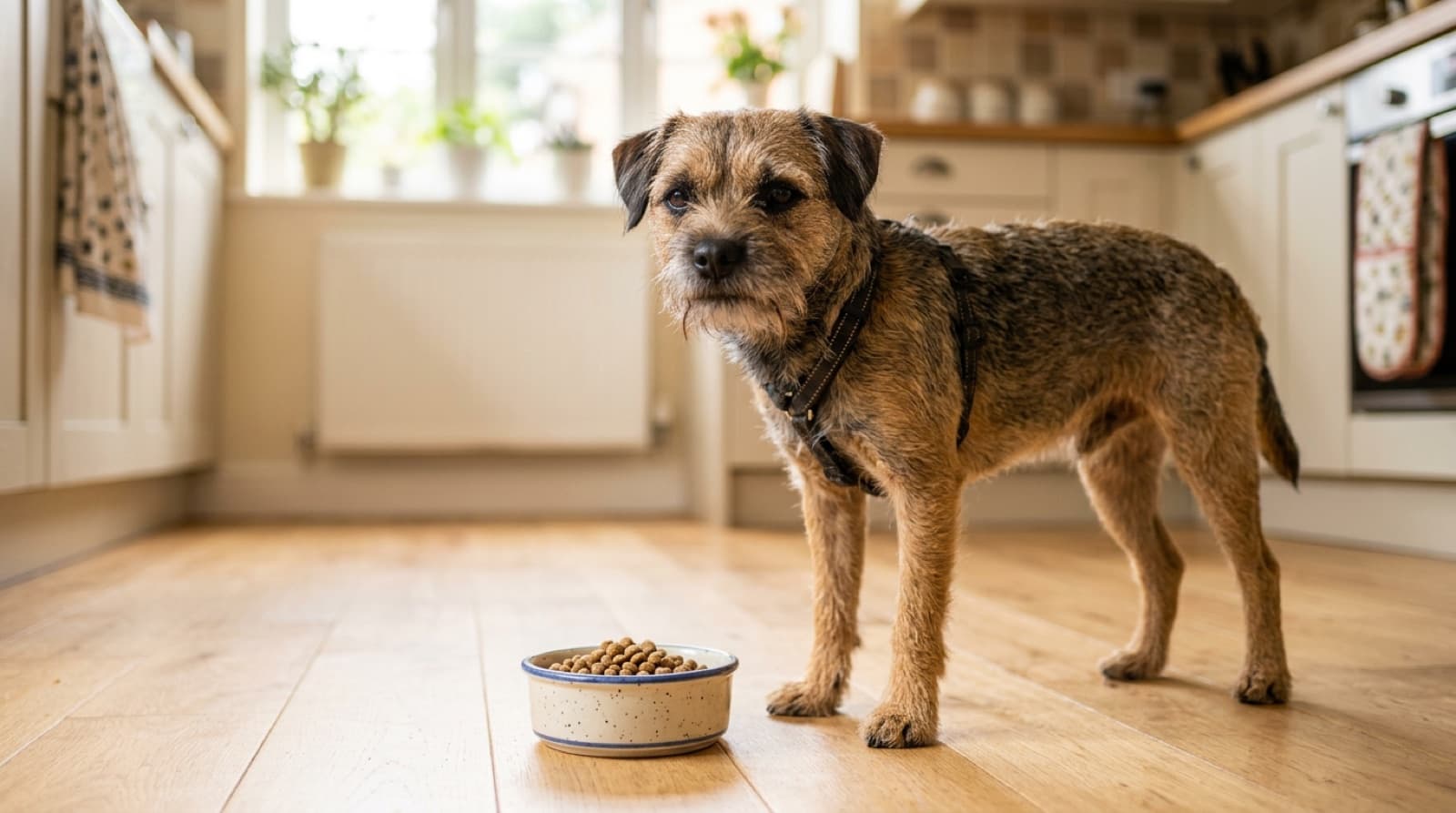 Border Terrier beside a bowl of kibble in a bright home kitchen