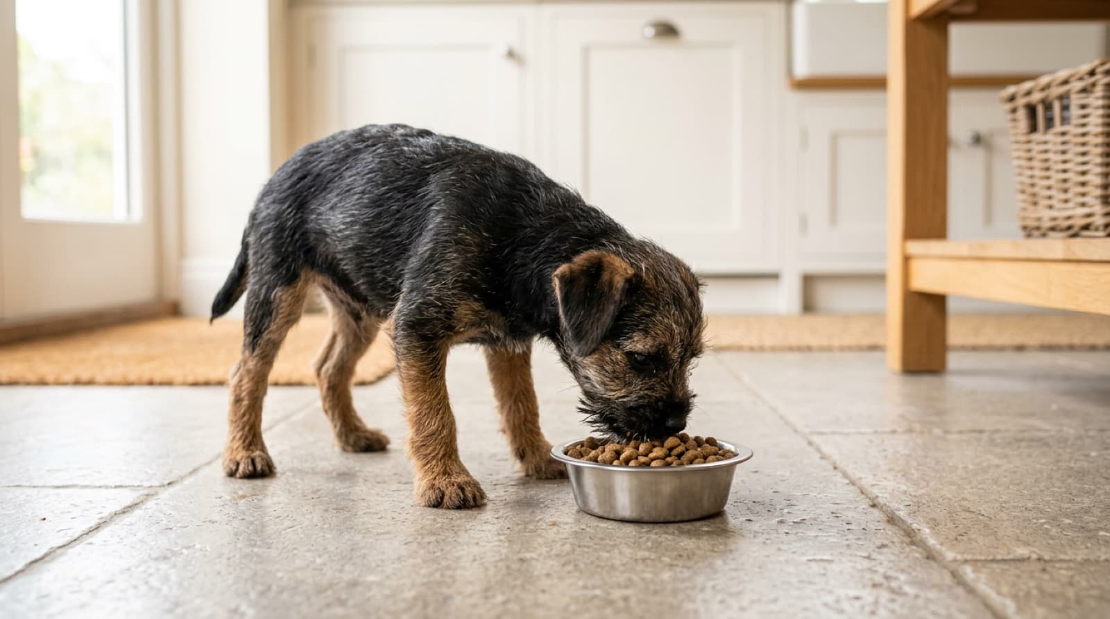 Border Terrier puppy eating from a small bowl on a home kitchen floor