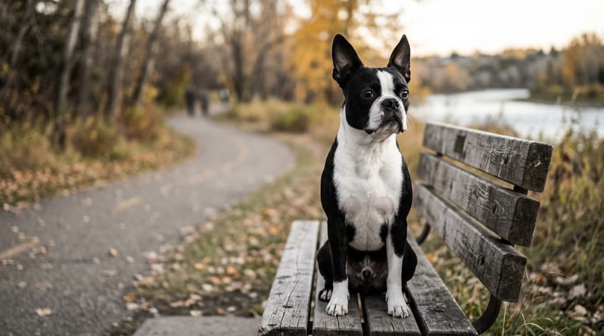 An adoptable Boston Terrier in a Toronto setting