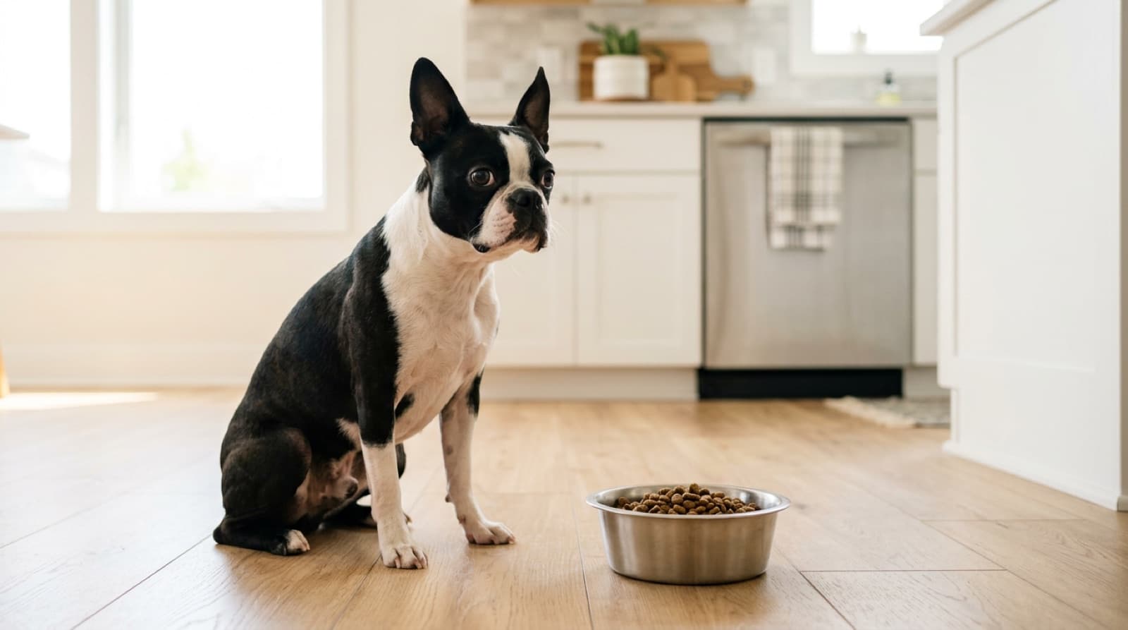 Boston Terrier standing beside a bowl of food in a bright home kitchen