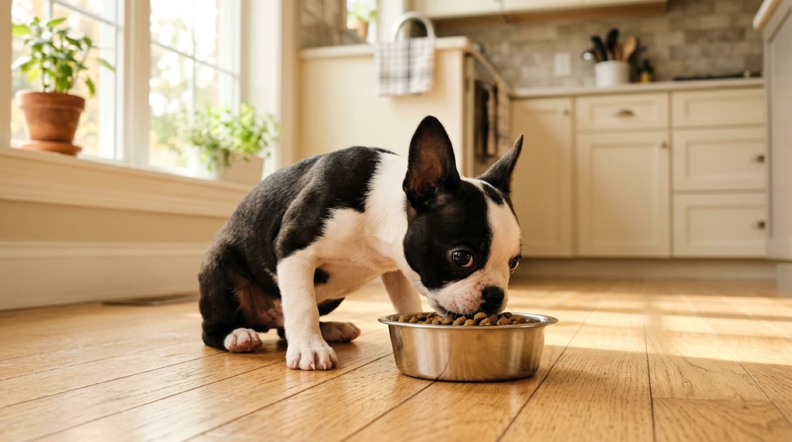Boston Terrier puppy eating from a bowl on a home kitchen floor