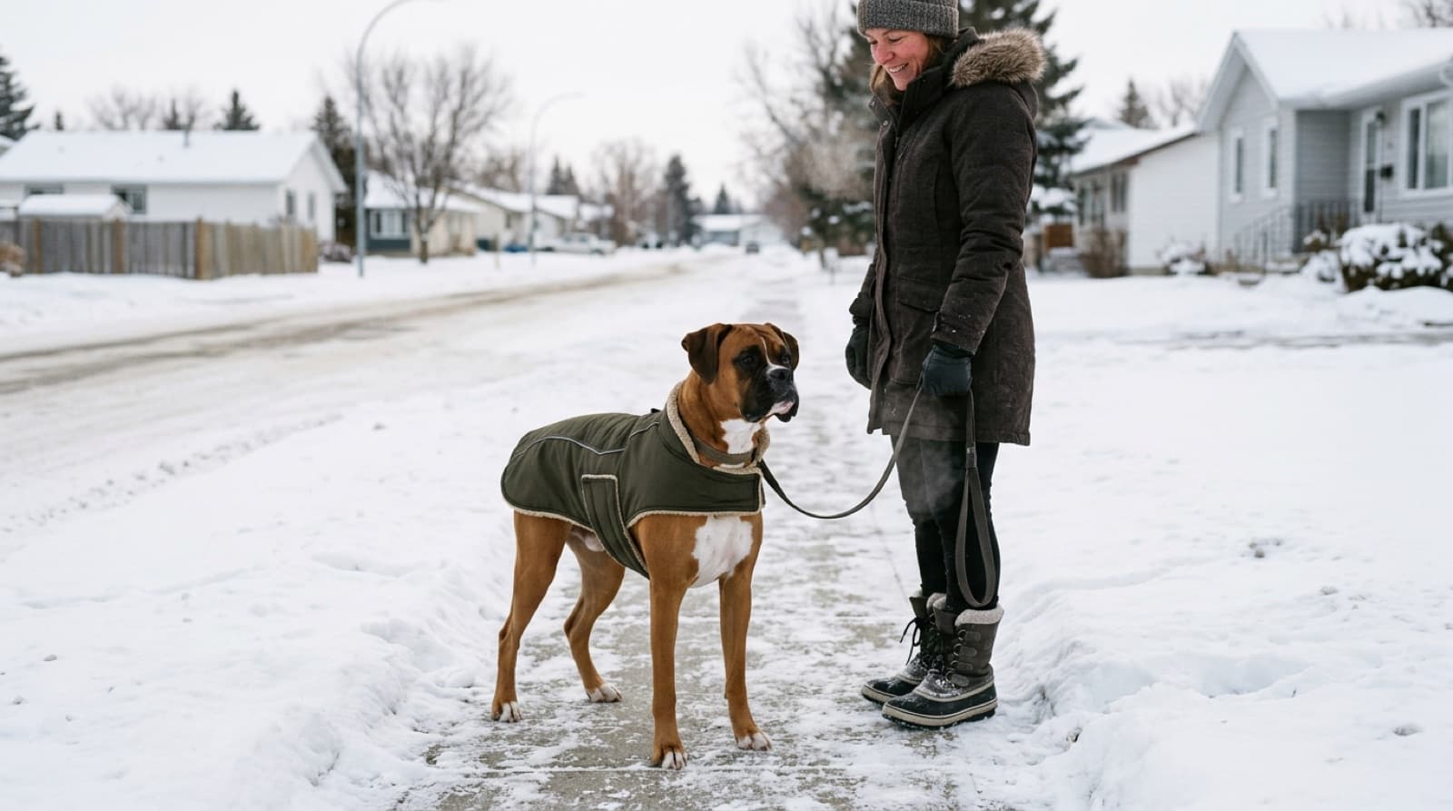 A fawn Boxer wearing a warm coat beside a person on a snowy Saskatoon street
