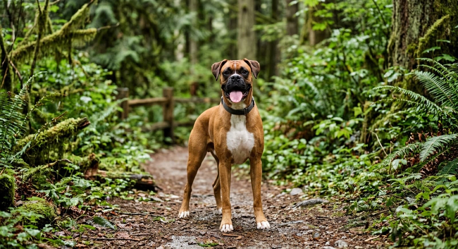 A happy fawn Boxer with a white chest on a green West Coast park path near Vancouver