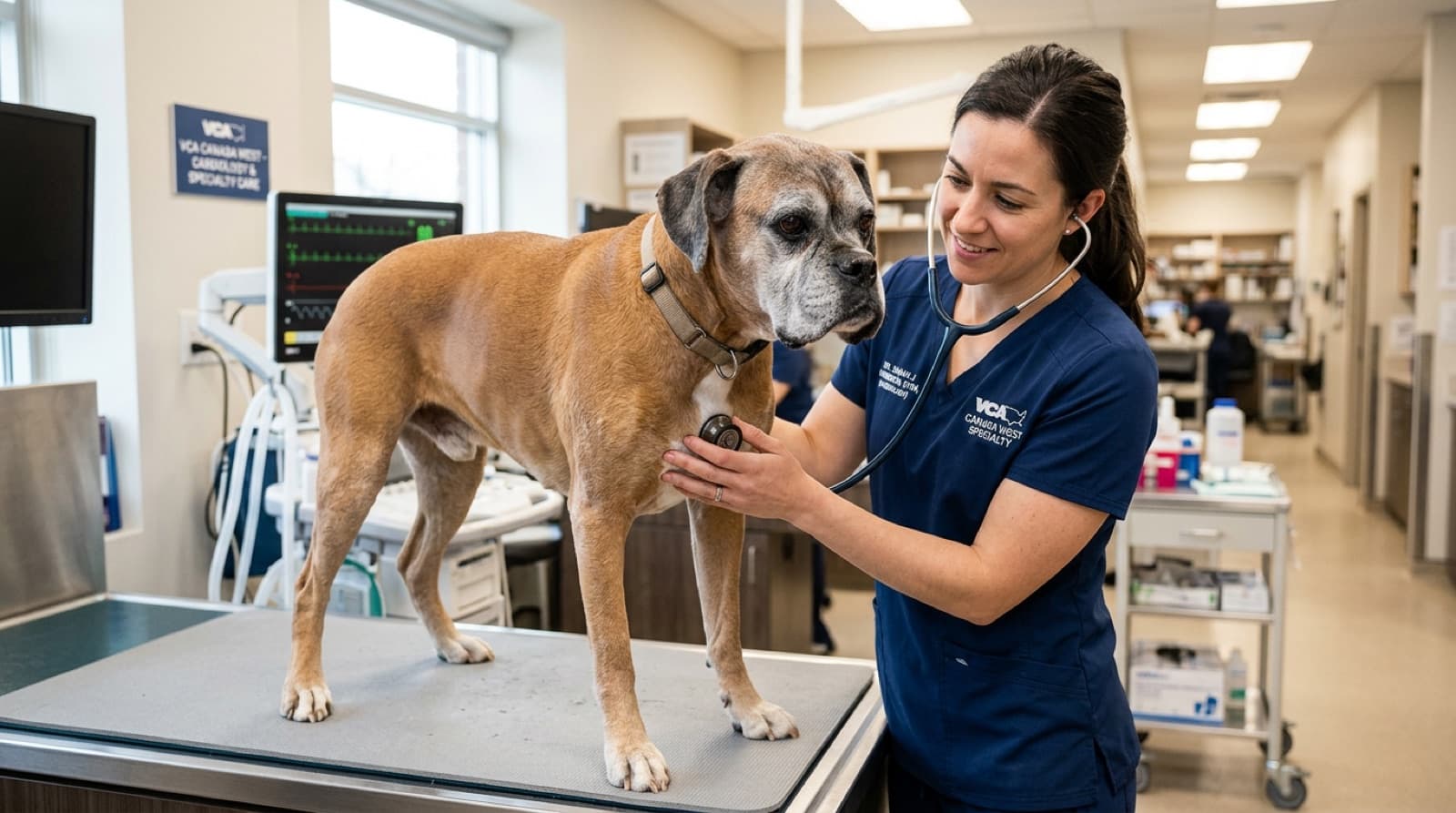 A senior brindle Boxer being examined by a Calgary veterinary cardiologist with a stethoscope, illustrating the importance of annual cardiac screening starting at age 3