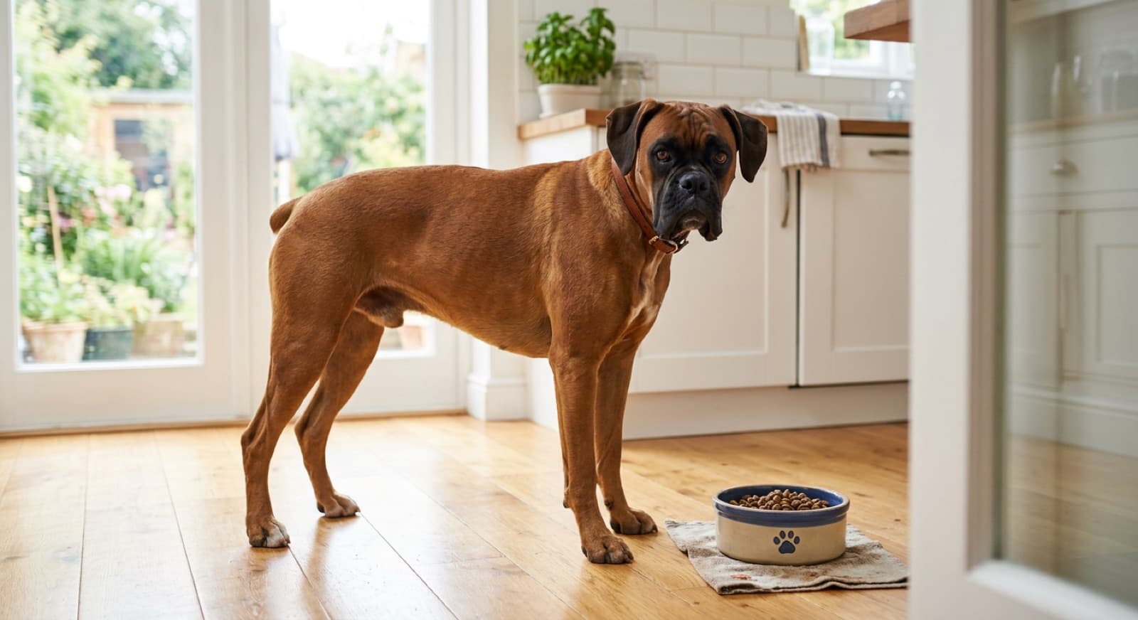 Boxer standing beside a bowl of kibble in a bright home kitchen