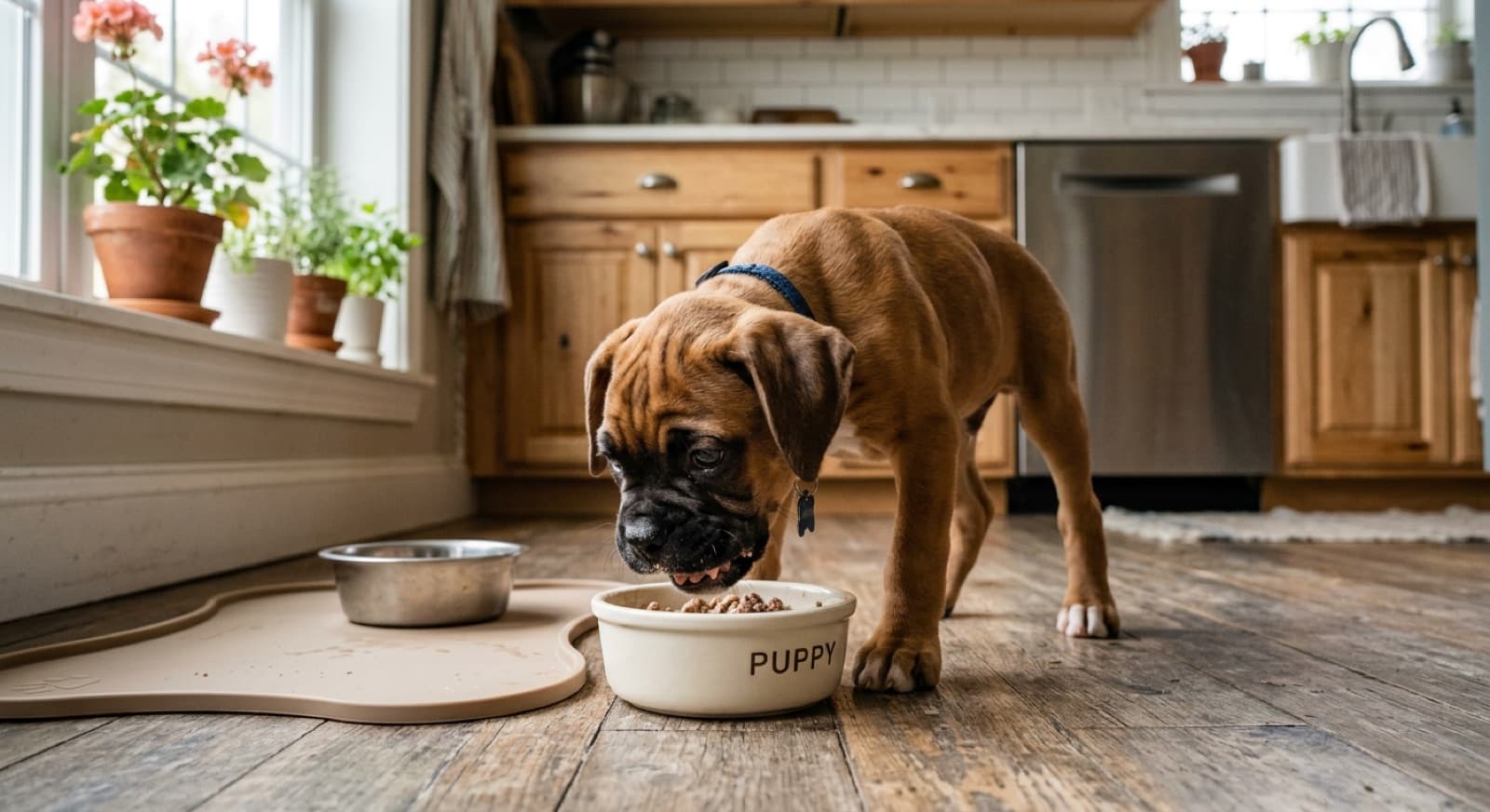 Boxer puppy eating from a bowl on a home kitchen floor