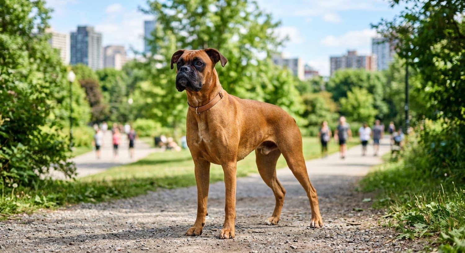A healthy adult Boxer dog on a green Toronto trail