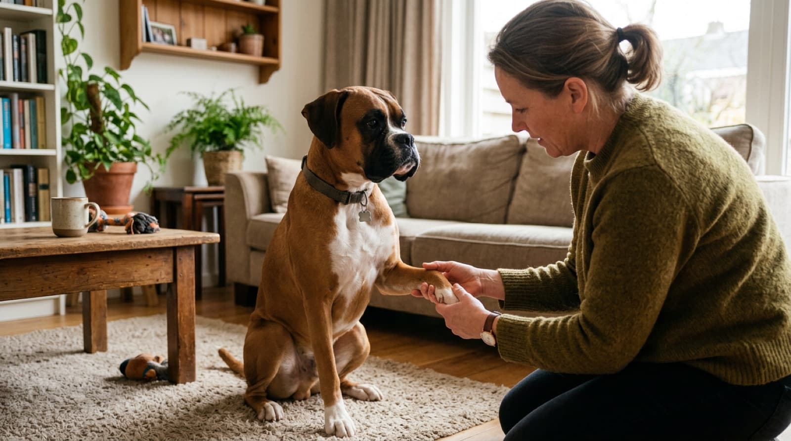 An adult Boxer being examined gently by a person at home in Winnipeg