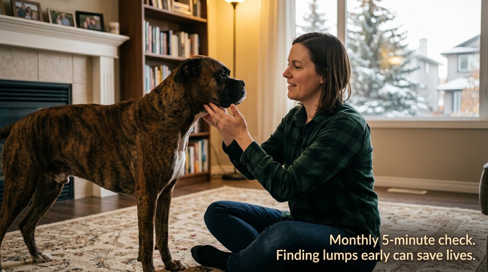 A Boxer owner performing a monthly home body check, palpating the dog's lymph nodes and checking for new skin lumps in their Calgary living room