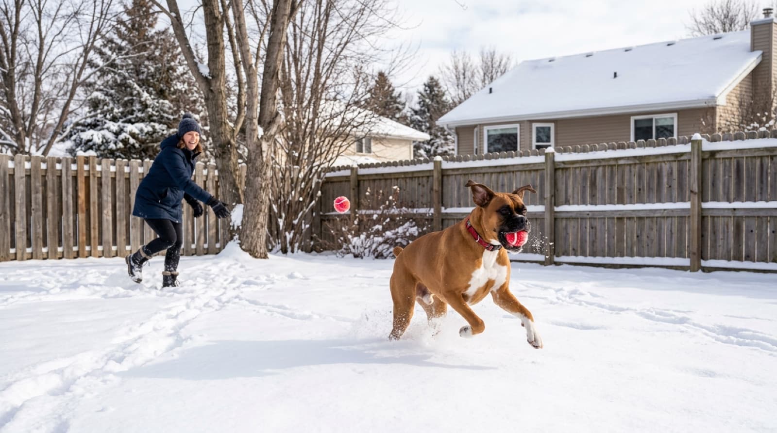 A Boxer playing fetch with a person in a fenced Winnipeg yard