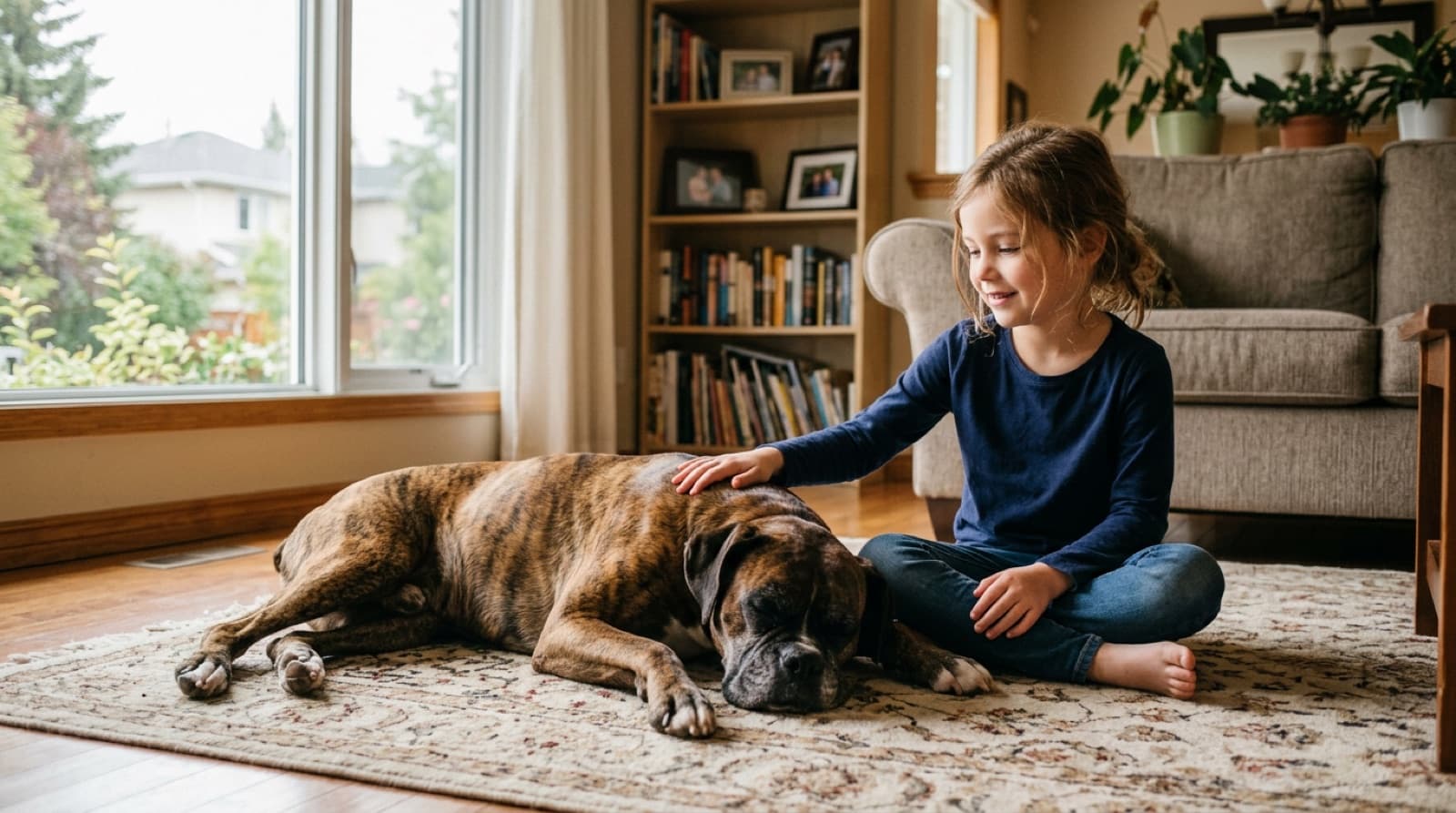 A calm adult brindle Boxer lying on a Calgary suburban living room rug next to a 7-year-old child who is gently petting the dog's back, illustrating the kid-friendly temperament of mature Boxers
