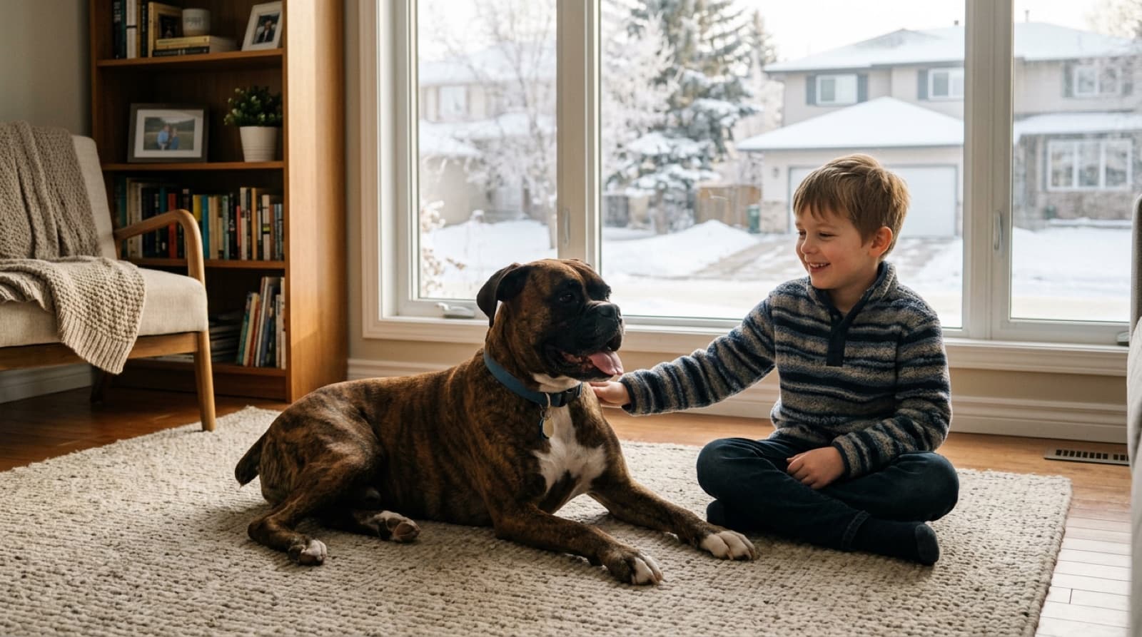 A calm adult brindle Boxer lying on an Edmonton suburban living room rug next to a 7-year-old child gently petting the dog\'s back, illustrating the kid-friendly temperament of mature Boxers