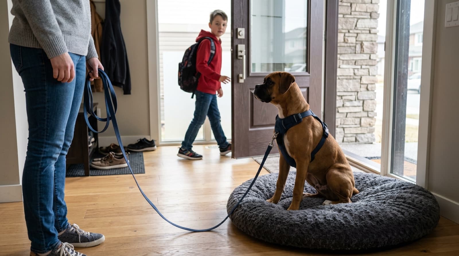 A Boxer wearing a front-clip harness on a leash, sitting calmly at a Calgary suburban front door while a child enters — illustrating the four-on-floor + leash-in-house knockdown prevention protocol